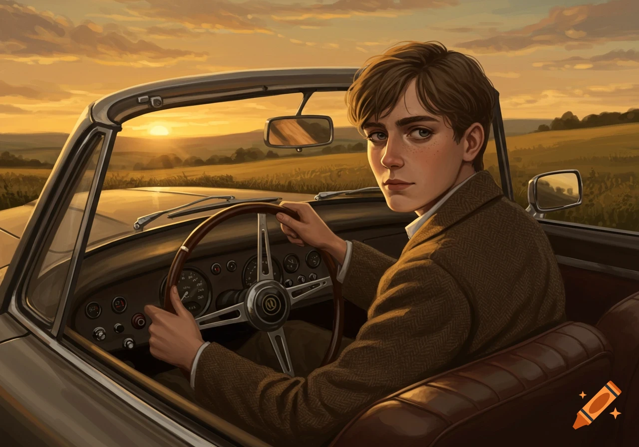 A young man driving a classic car during sunset.
