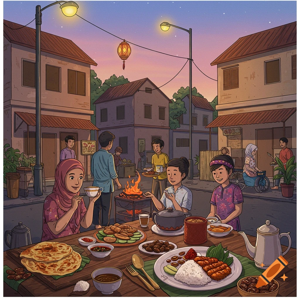 Illustration of people eating and preparing food on a street at dusk