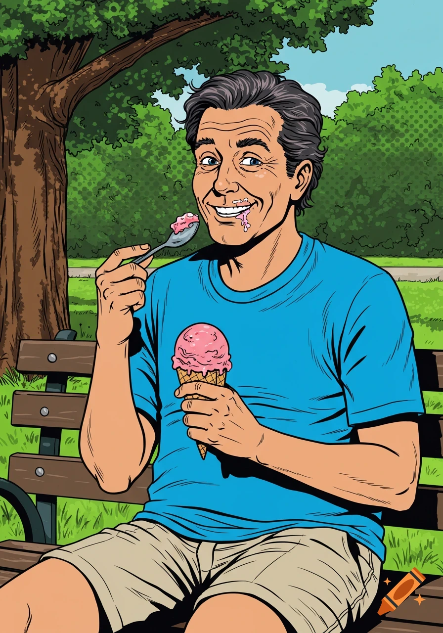 A man with melting ice cream on his face sits on a park bench eating ice cream with a spoon, in a pop art style.