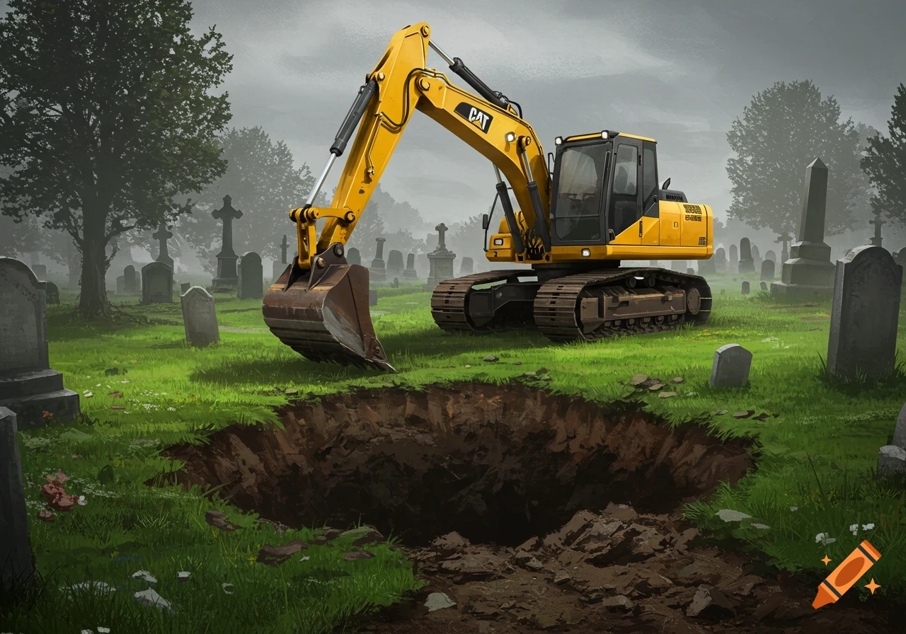 A yellow excavator digs a large hole in a grassy cemetery filled with tombstones under a cloudy sky. Illustration style.