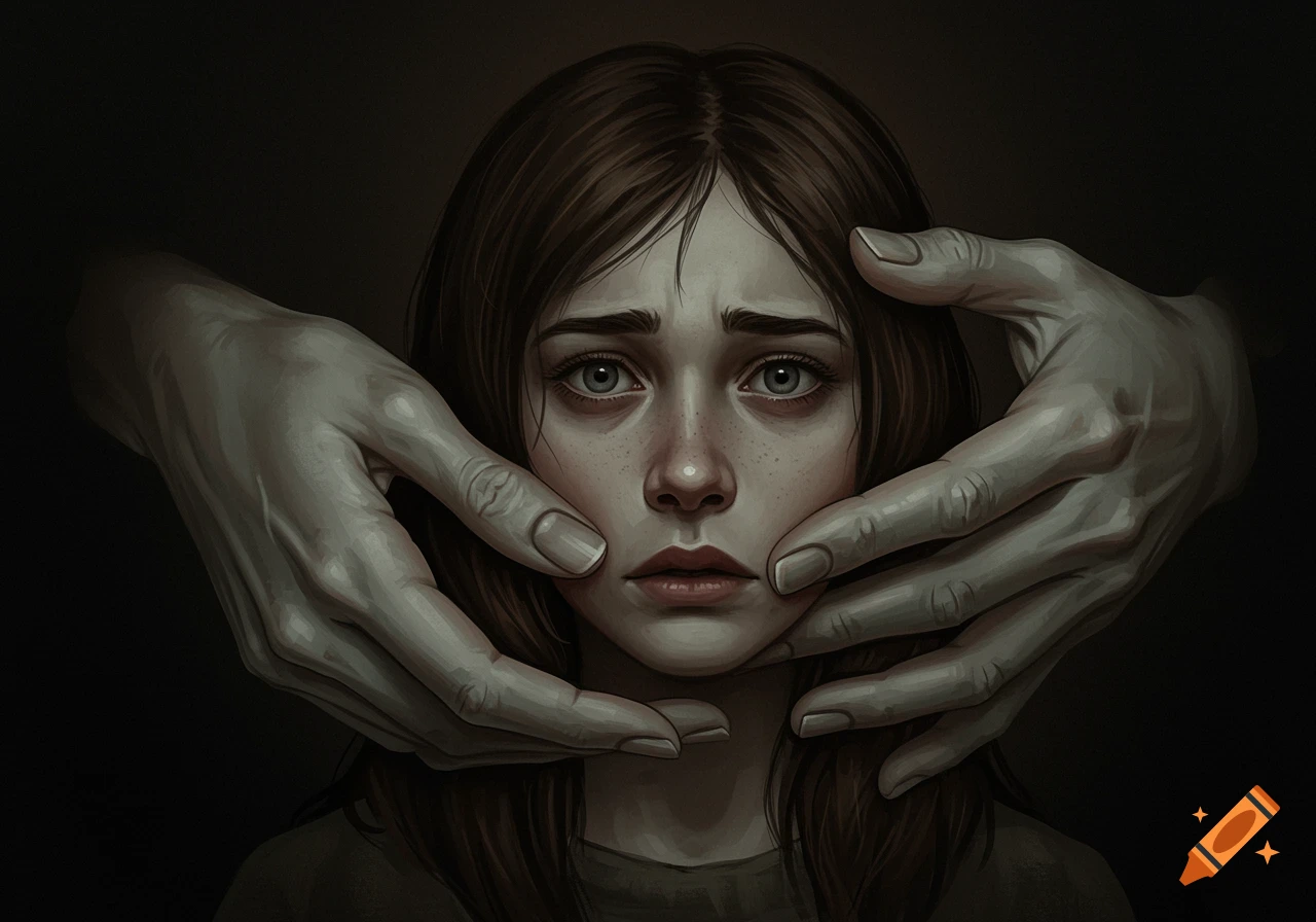 A portrait of a young woman looking distressed, with two large, creepy hands gripping her face.
