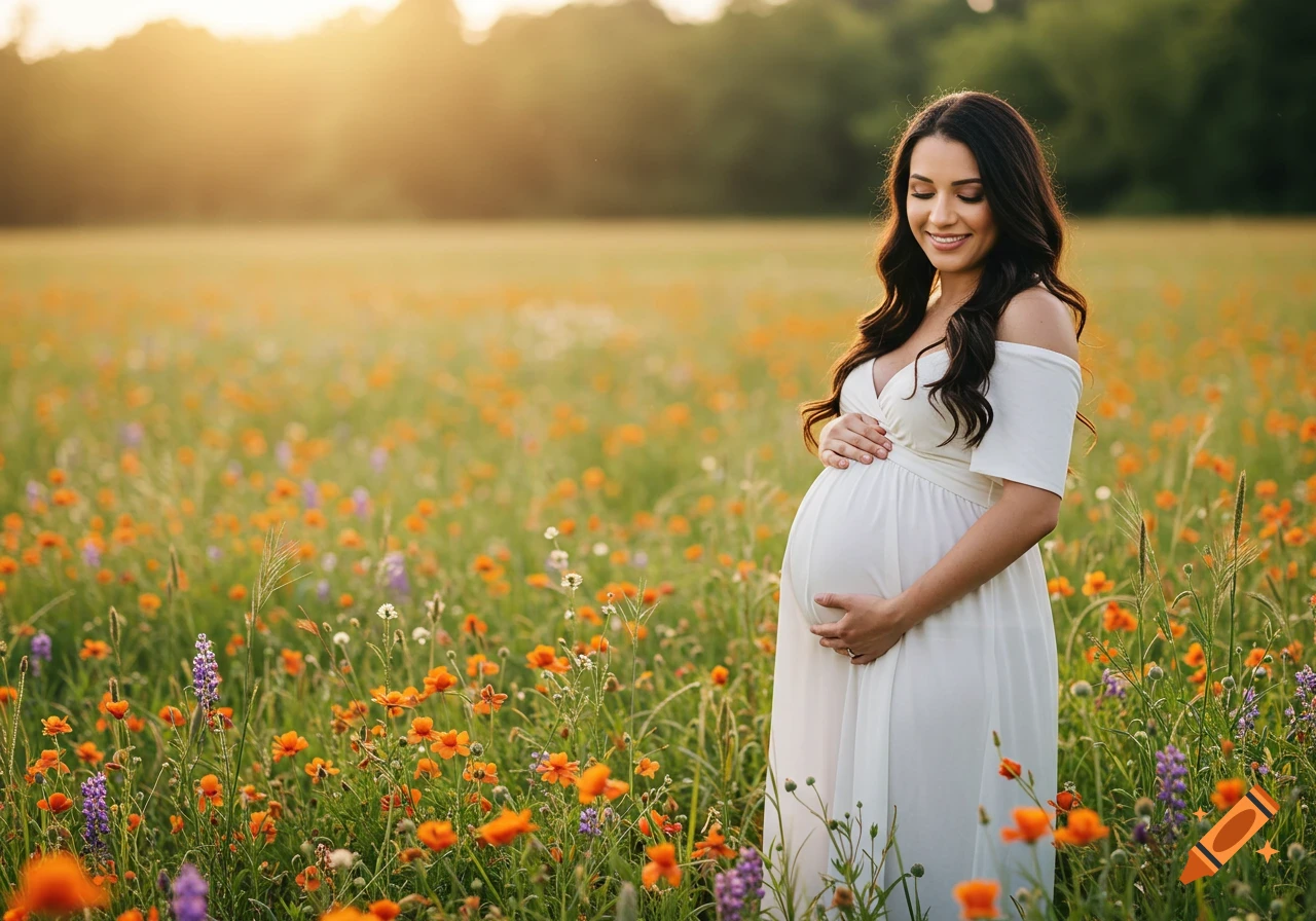 A pregnant woman in a white dress stands in a field of wildflowers at sunset, holding her belly.