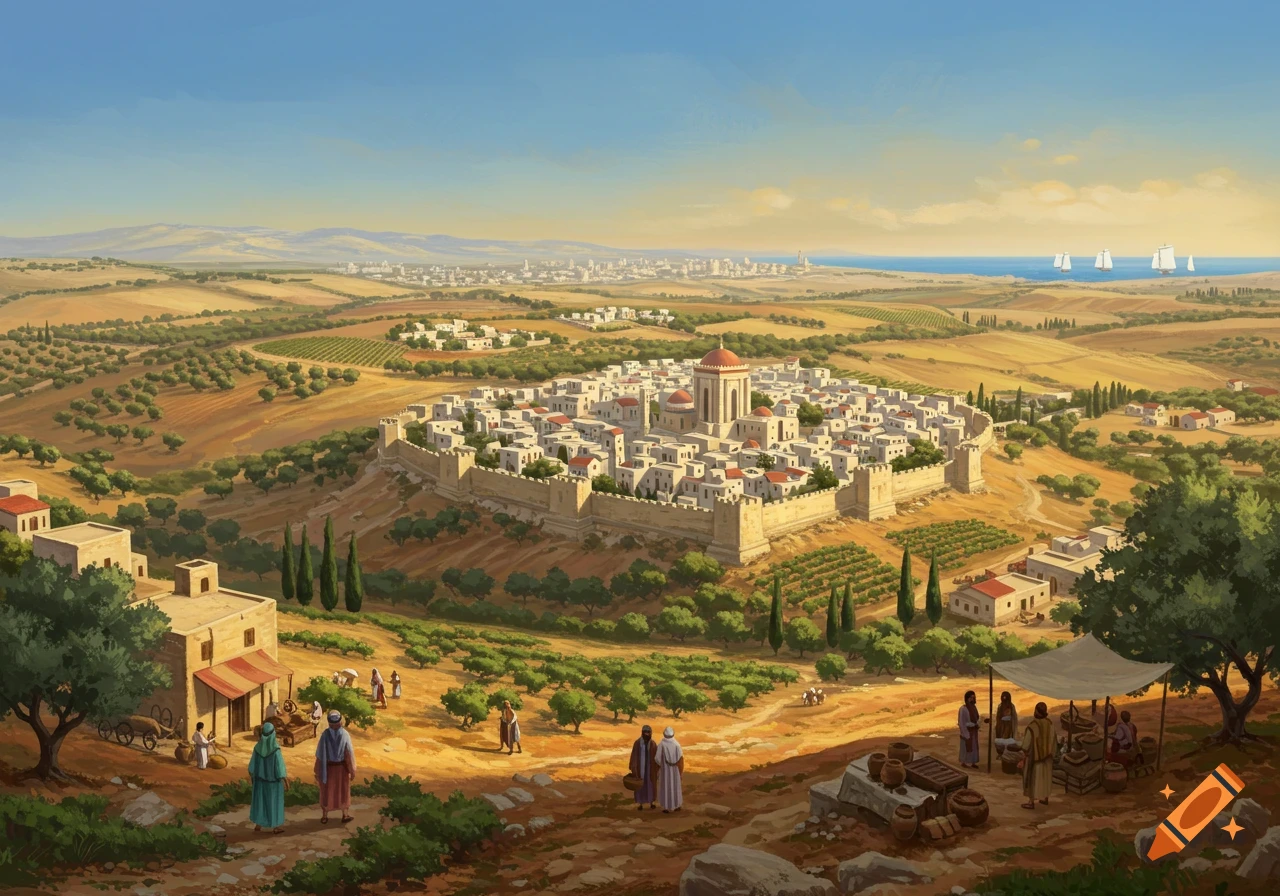 Illustration of an ancient walled town in a hilly landscape with fields, trees, and figures.