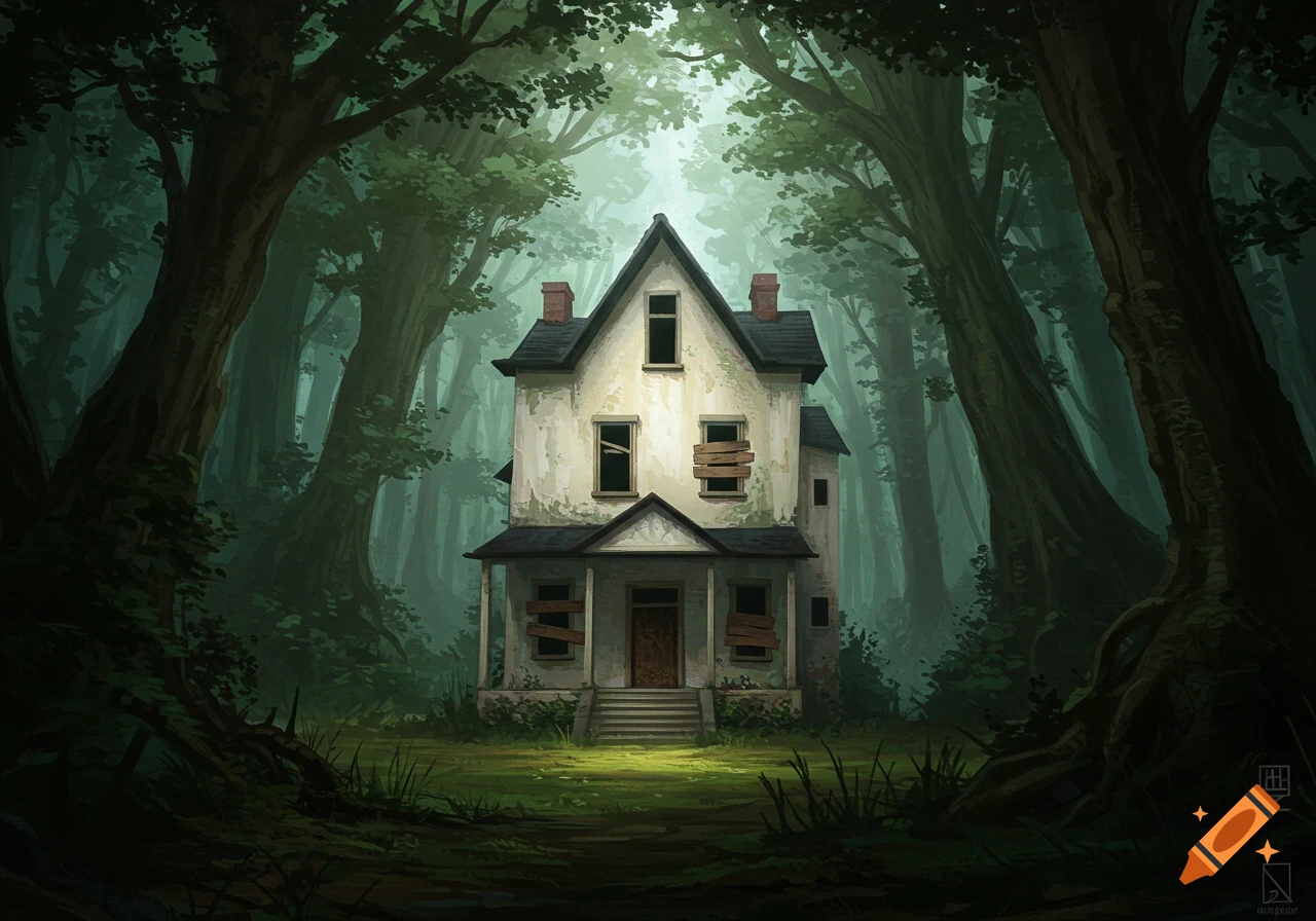 Illustration of an old, boarded-up house surrounded by a dark, misty forest