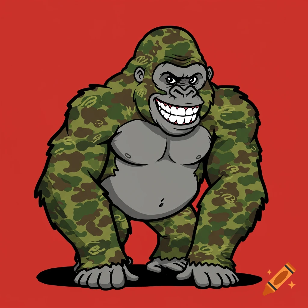 Cartoon gorilla with camouflage fur and grey chest smiling on a red background.