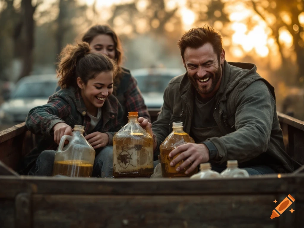 Three people in the back of a truck, laughing and filling large jugs with liquid and objects.