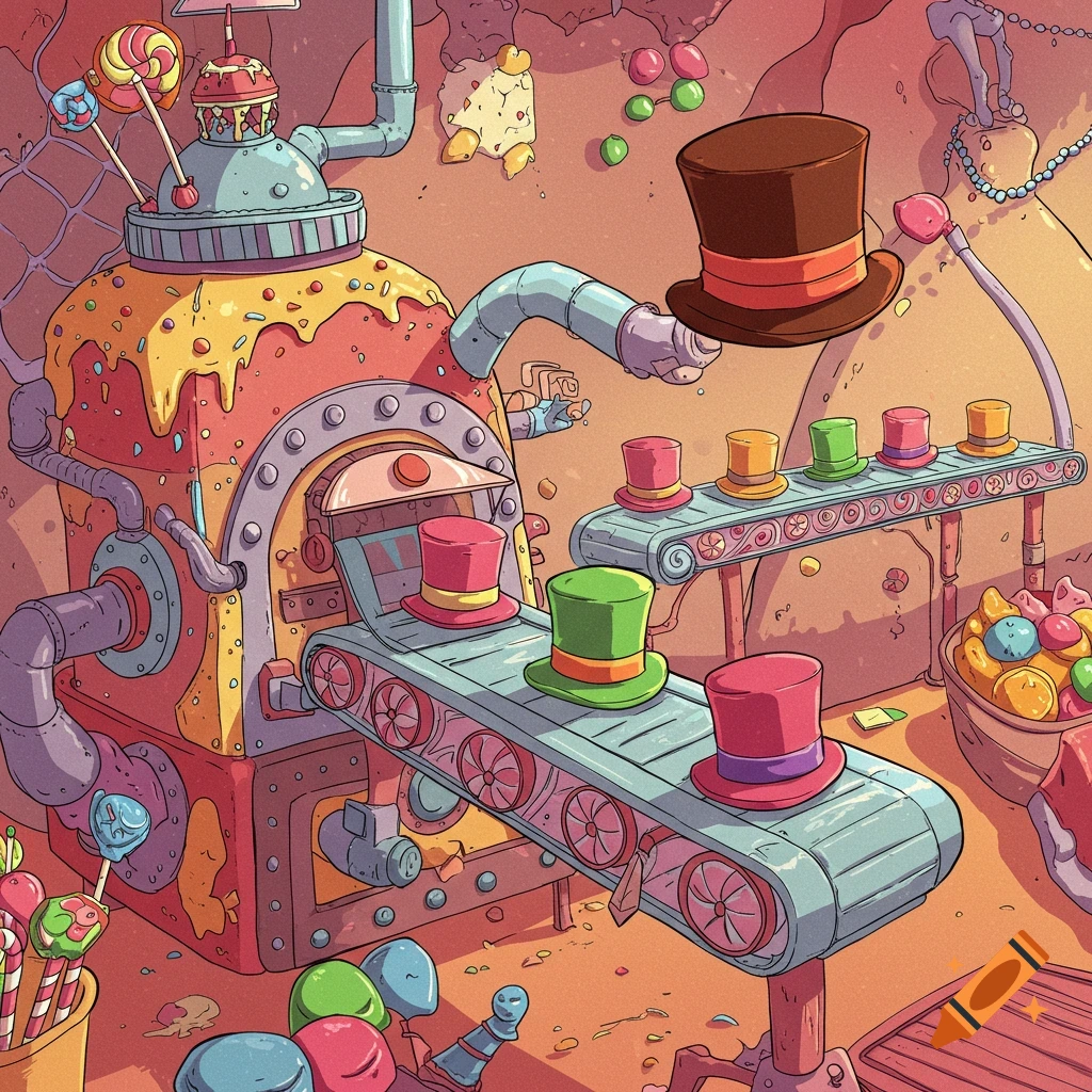 Cartoon image of a whimsical candy factory machine making colorful hats on a conveyor belt, surrounded by candy and lollipops.
