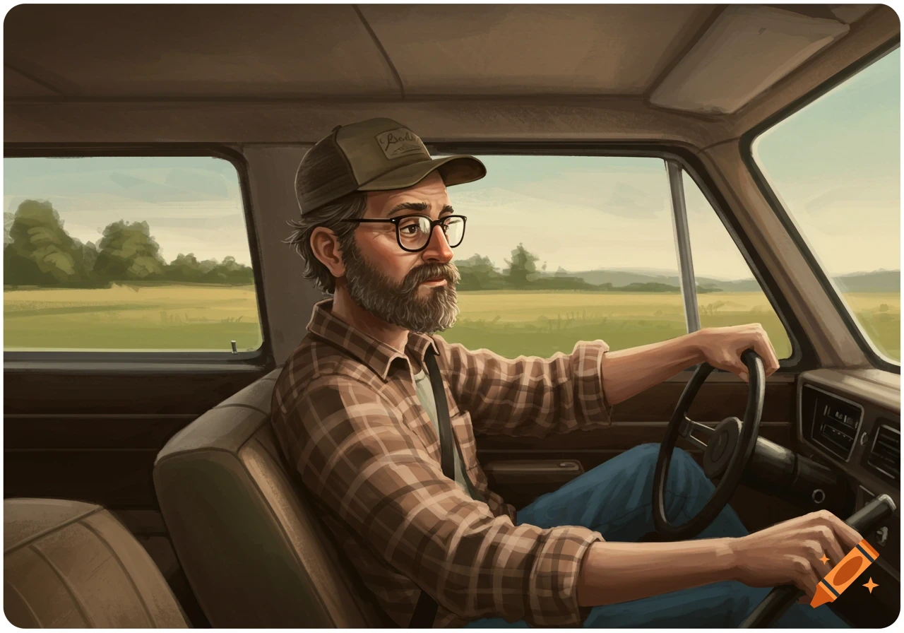 A man with a beard and glasses drives a car through a rural landscape in a painterly style.