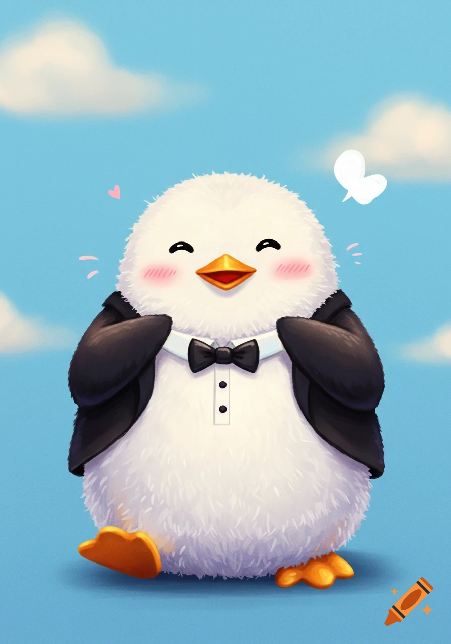 A cute, fluffy cartoon penguin wears a tuxedo and smiles happily with rosy cheeks against a blue sky with clouds.
