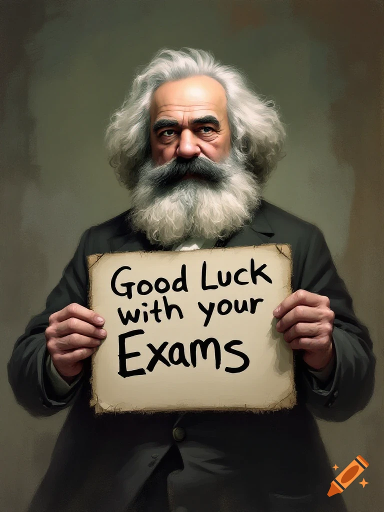 A man resembling Karl Marx holds a sign that reads Good Luck with your Exams.