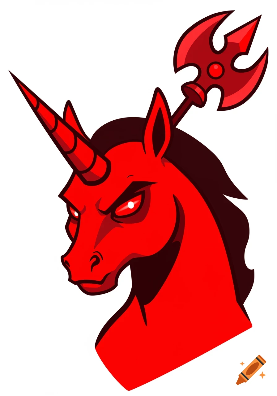 Stylized illustration of a red evil unicorn head with glowing eyes and a weapon-like horn