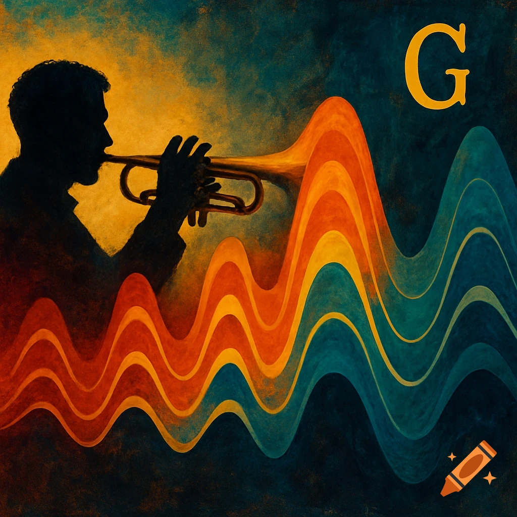 Silhouette of a trumpet player with colorful sound waves and a yellow G in a textured artistic style.