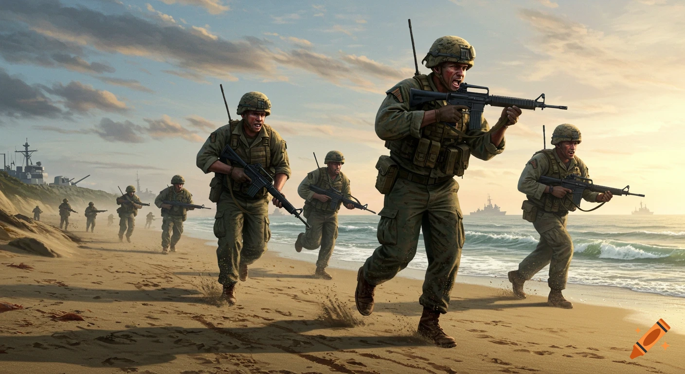 US Marine squad runs onto a beach with ships in background, photorealistic style.