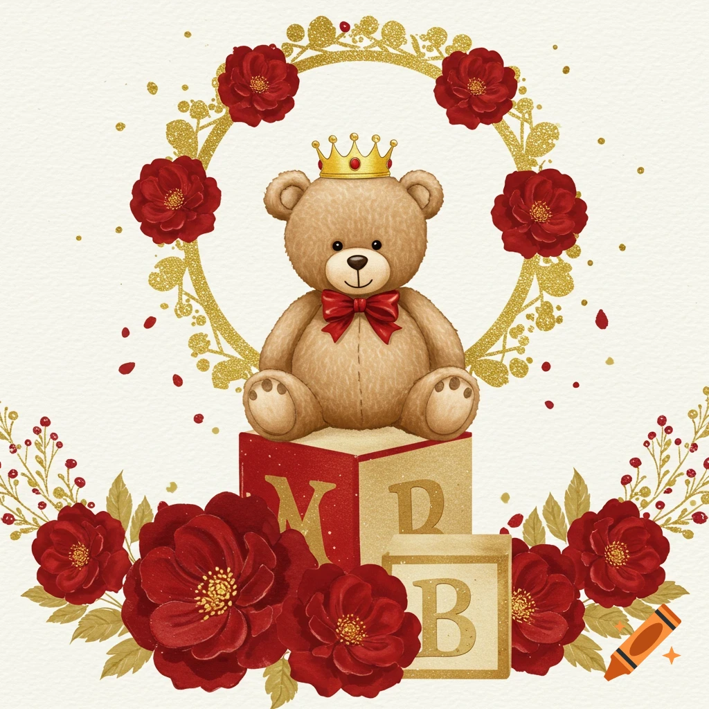Illustration of a teddy bear prince sitting on blocks, surrounded by a glittery wreath and red flowers with gold accents.