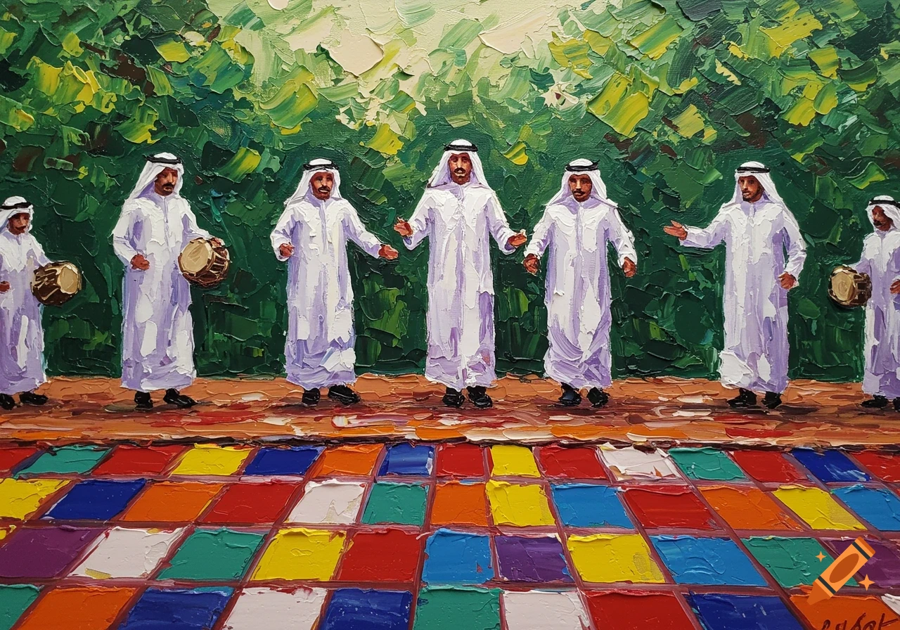 Impasto painting of men in traditional clothing dancing on a colorful tiled stage against a green background.