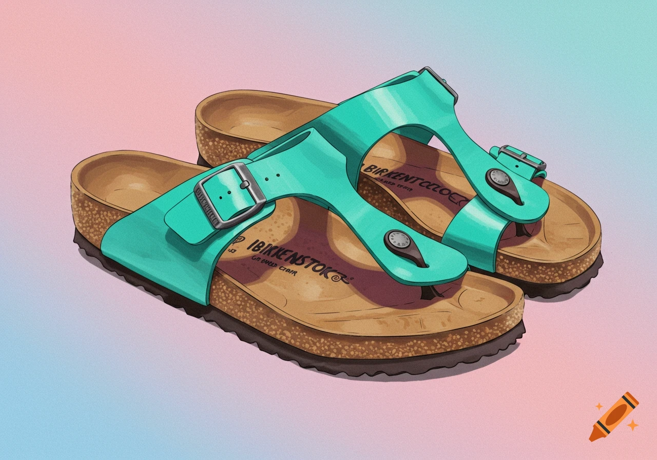 Illustrative image of teal sandals with cork footbeds against a pink and blue gradient background.