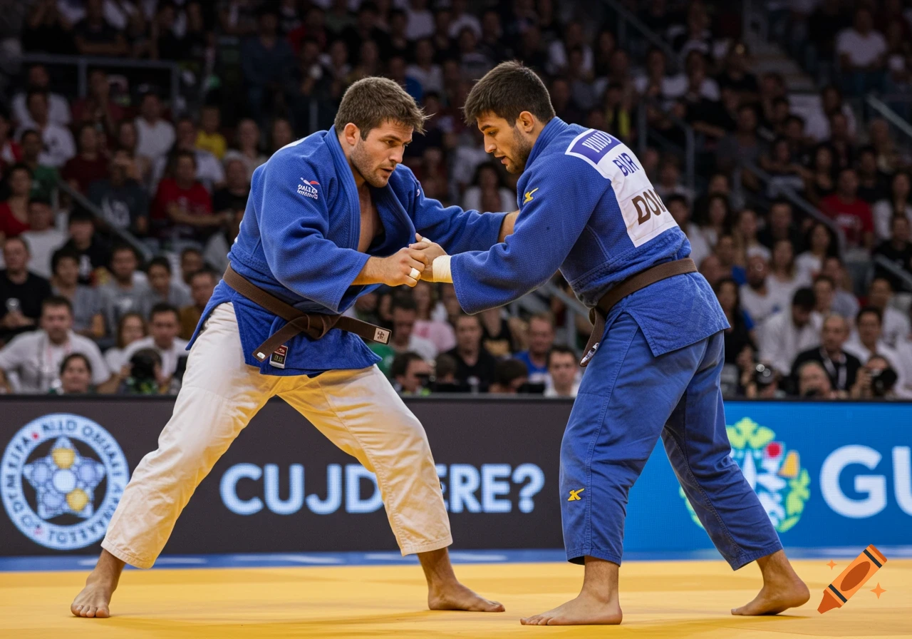 Two judokas in blue and white gis grapple on a mat during a competition with a blurred crowd behind them.