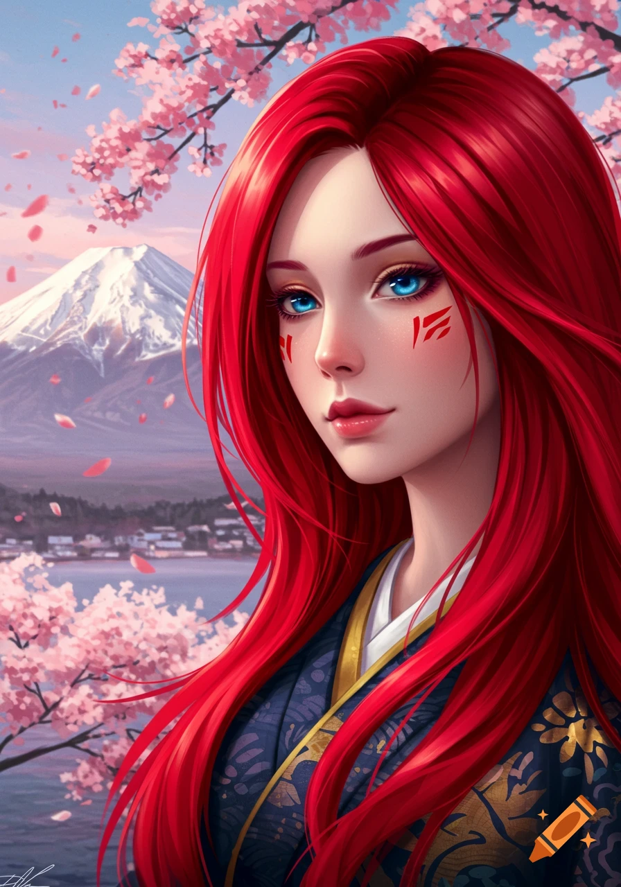 Anime style portrait of a Japanese woman with red hair and blue eyes, with cherry blossoms and Mount Fuji in the background.