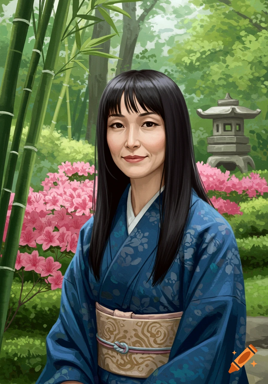 Portrait of a Japanese woman in a blue kimono in a garden with bamboo and pink flowers.
