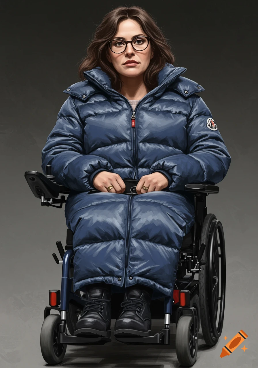 A woman in a blue puffer coat sits in an electric wheelchair.