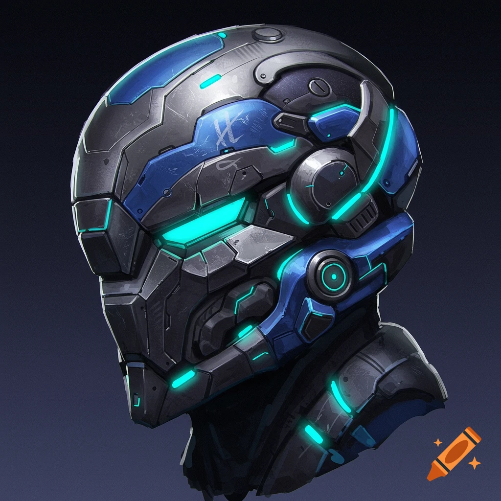 A close-up of a futuristic sci-fi helmet with detailed plating, blue accents, and glowing lights.