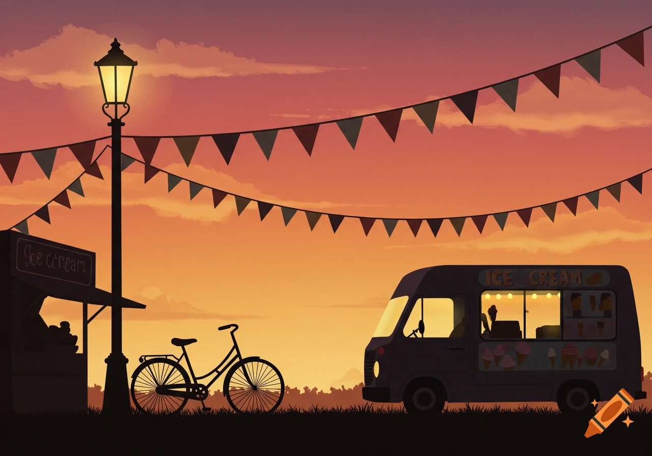 Illustration of an ice cream van, bicycle, and bunting silhouetted against a sunset sky.