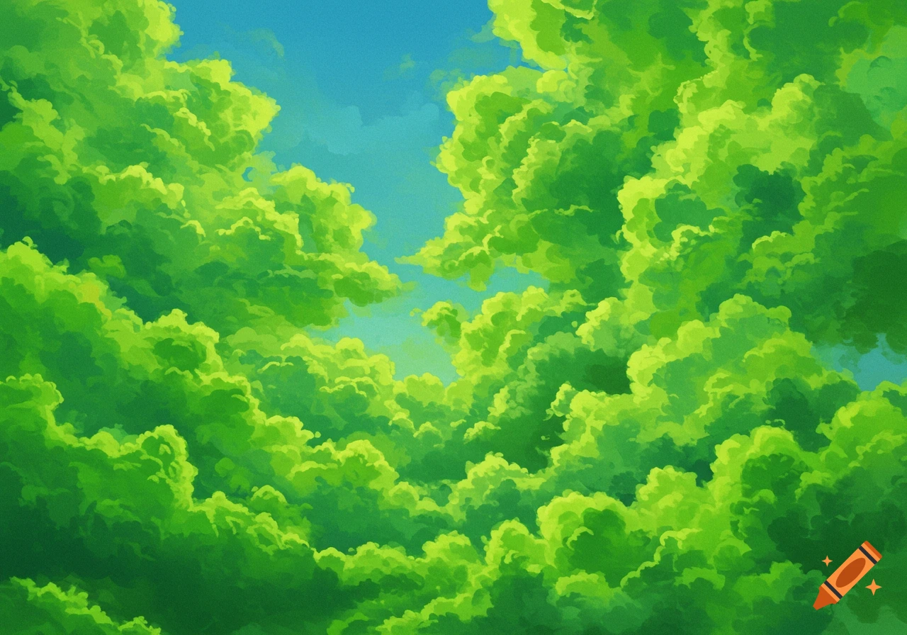 Abstract painterly green clouds against a blue sky.