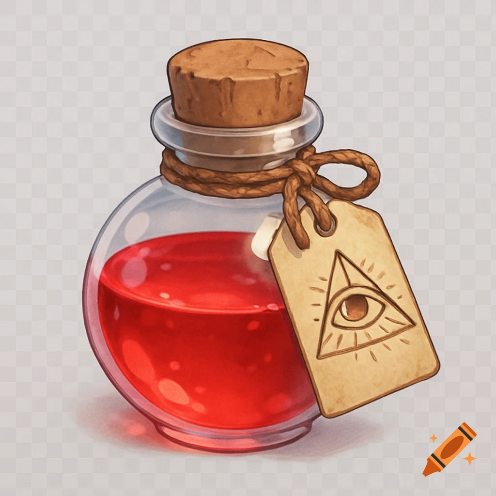 A cute anime-style health potion bottle with an Eye of Providence tag.