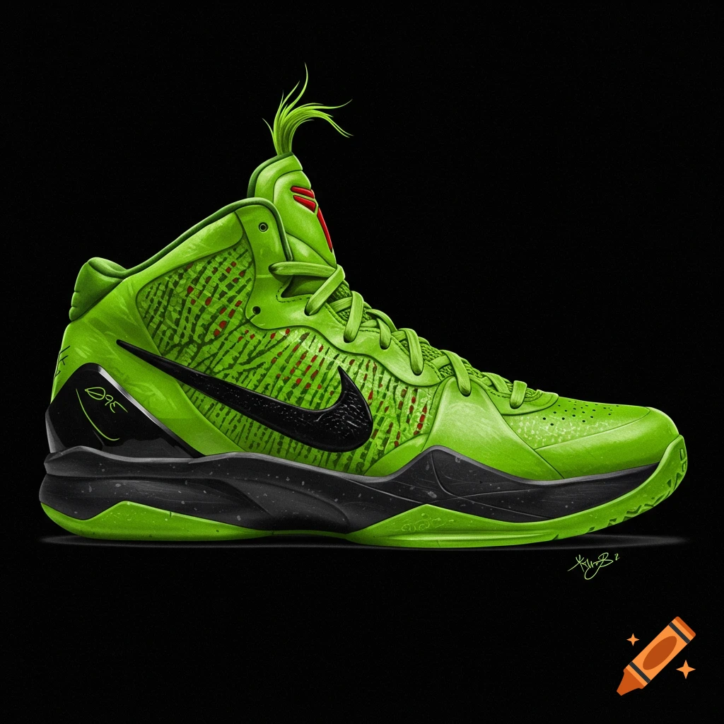 A bright green basketball shoe styled like the Grinch on a black background.