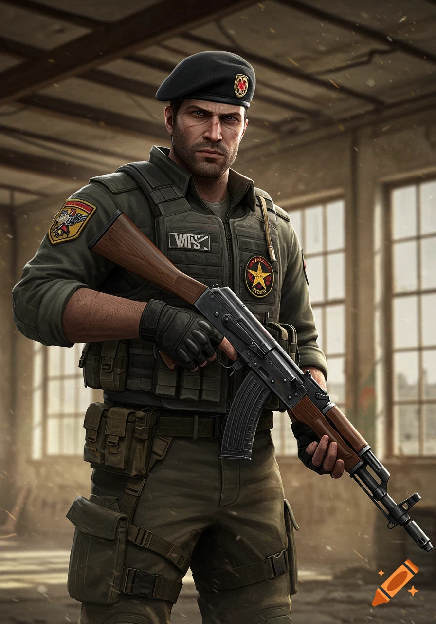 Digital painting of a soldier in a beret and tactical gear holding a rifle in a damaged building