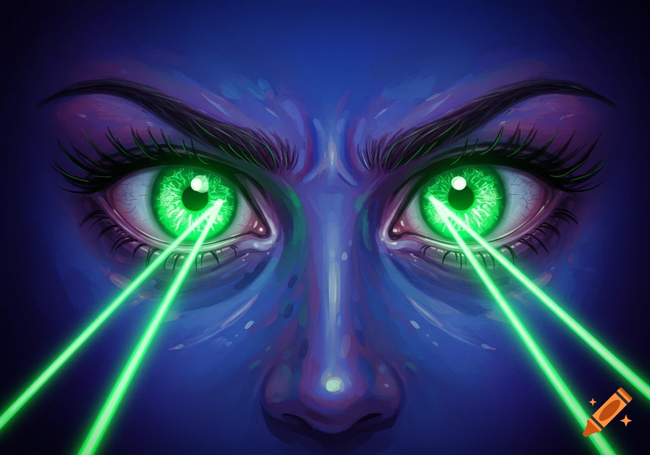 Close-up illustration of eyes shooting green lasers.