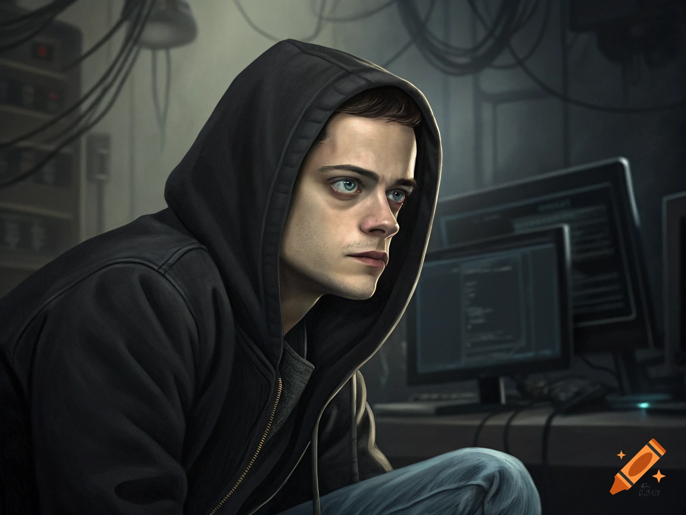 A young man in a black hoodie sits in a dark tech environment with computers.