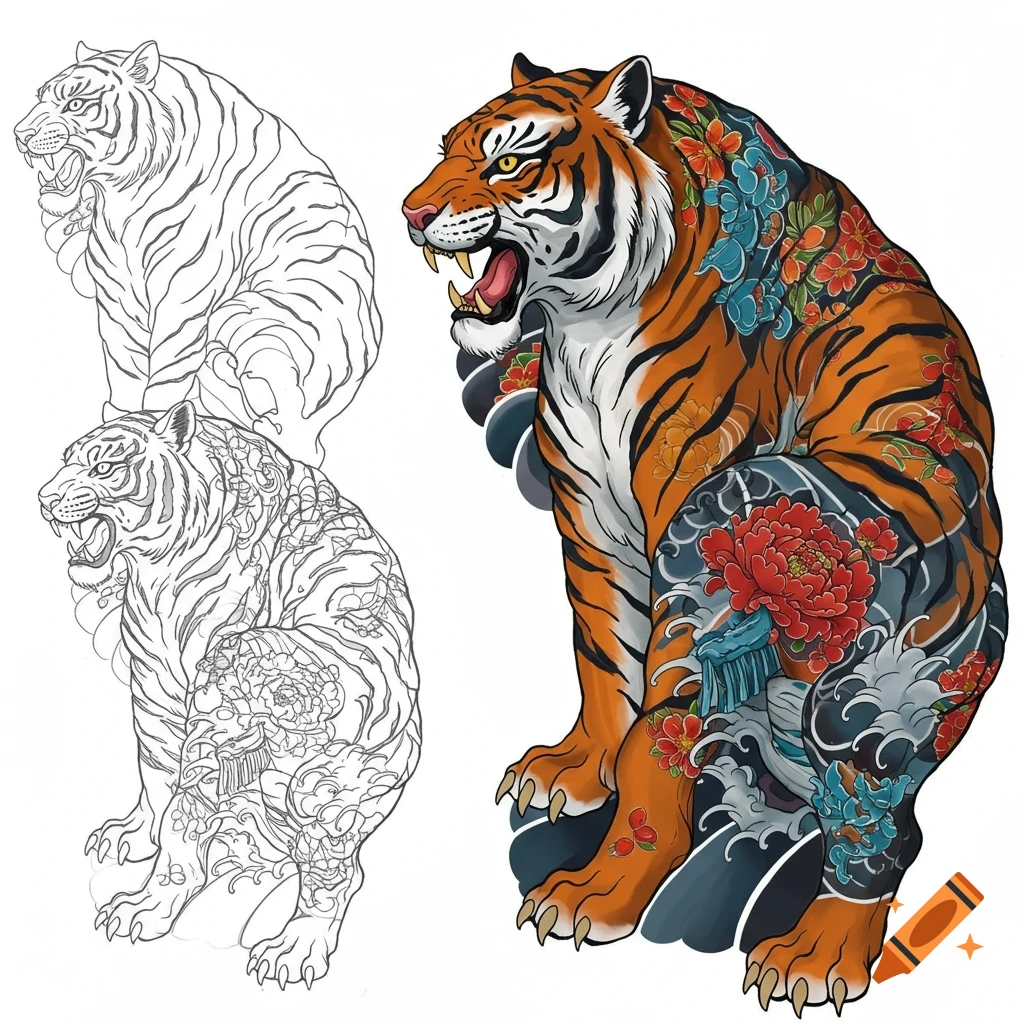 Two seated tigers side-by-side, one in colored Japanese tattoo style with flowers, the other a line art stencil.