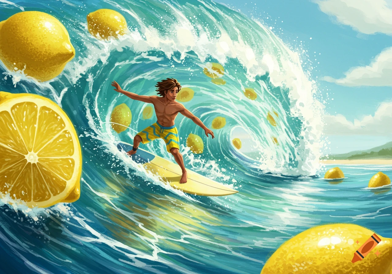 A surfer rides a wave made of water and lemons near a beach, in an illustration.