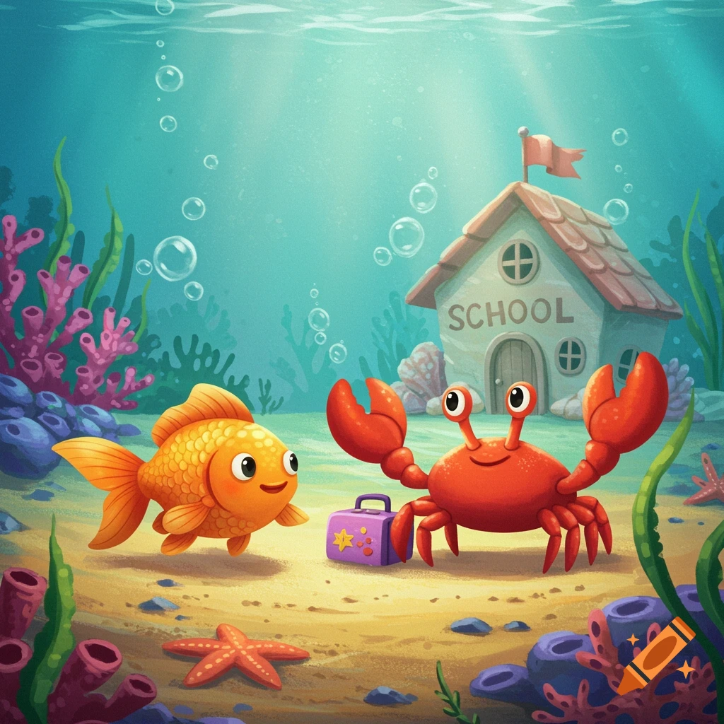 Cartoon fish and crab stand near an underwater school building.