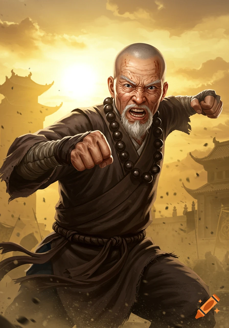 Illustration of an old monk in a fighting stance with pagodas in the background under an orange sky.