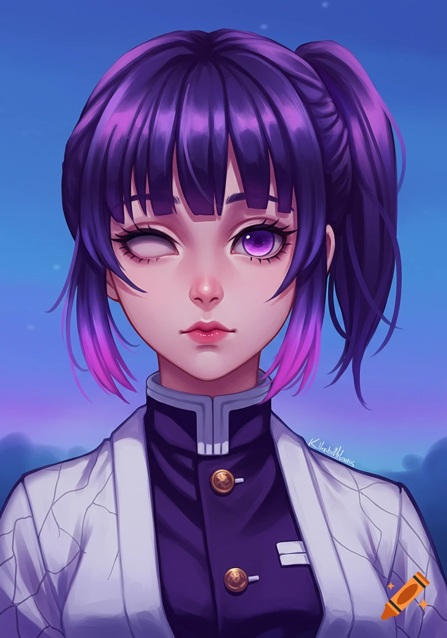 Portrait of an anime character with purple hair and one eye closed, wearing a uniform and white patterned haori.