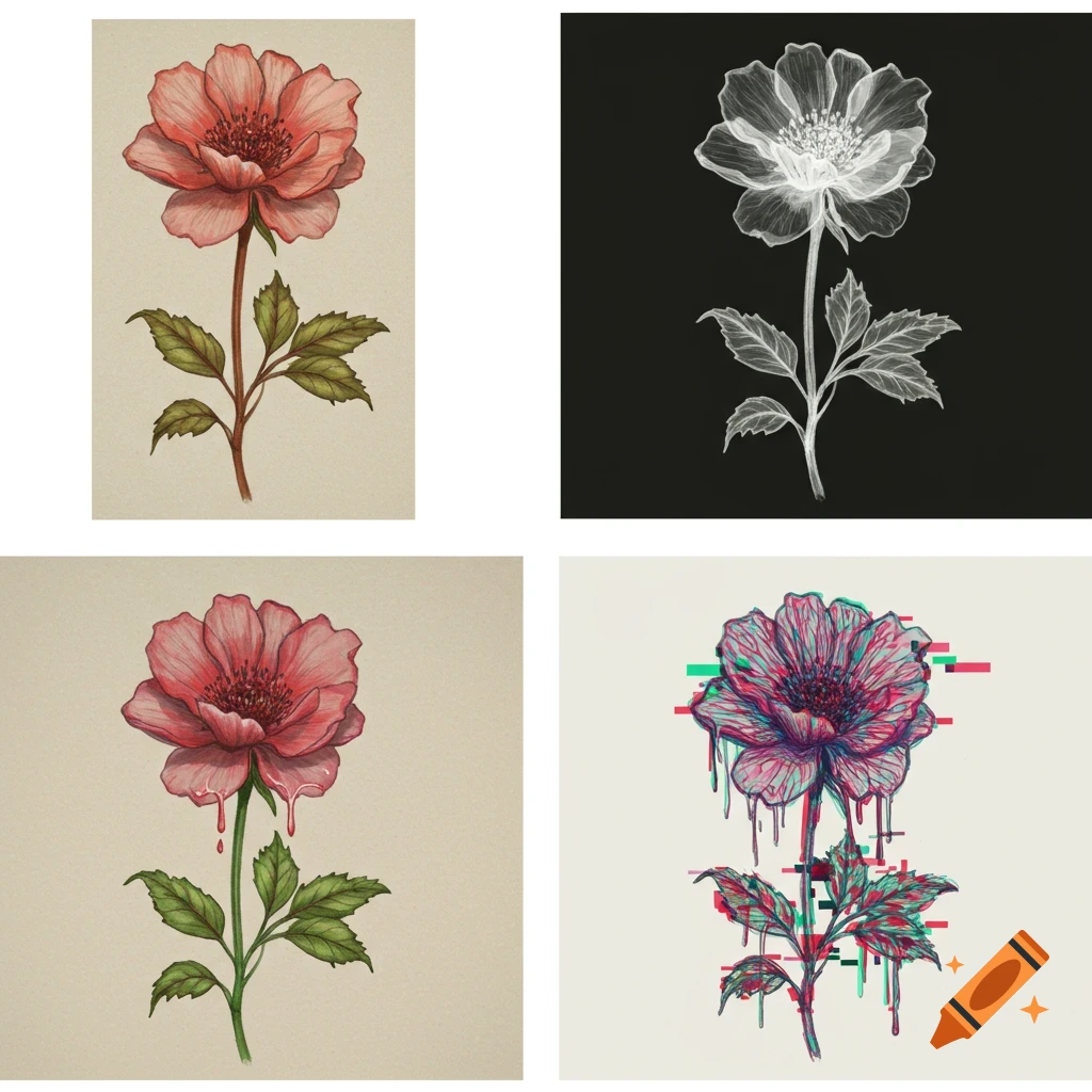 Four drawings of a flower in different styles: realism, x-ray, drip, and glitch.