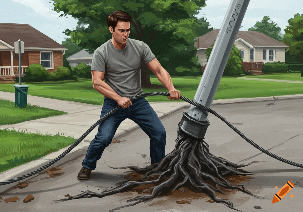 Illustration of a man pulling a cable pedestal out of the ground in a suburban street.