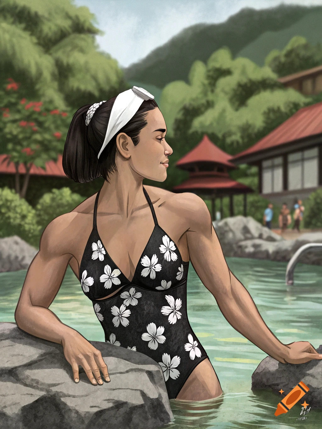 An illustration of a muscular woman in a floral swimsuit relaxing in a hot spring.