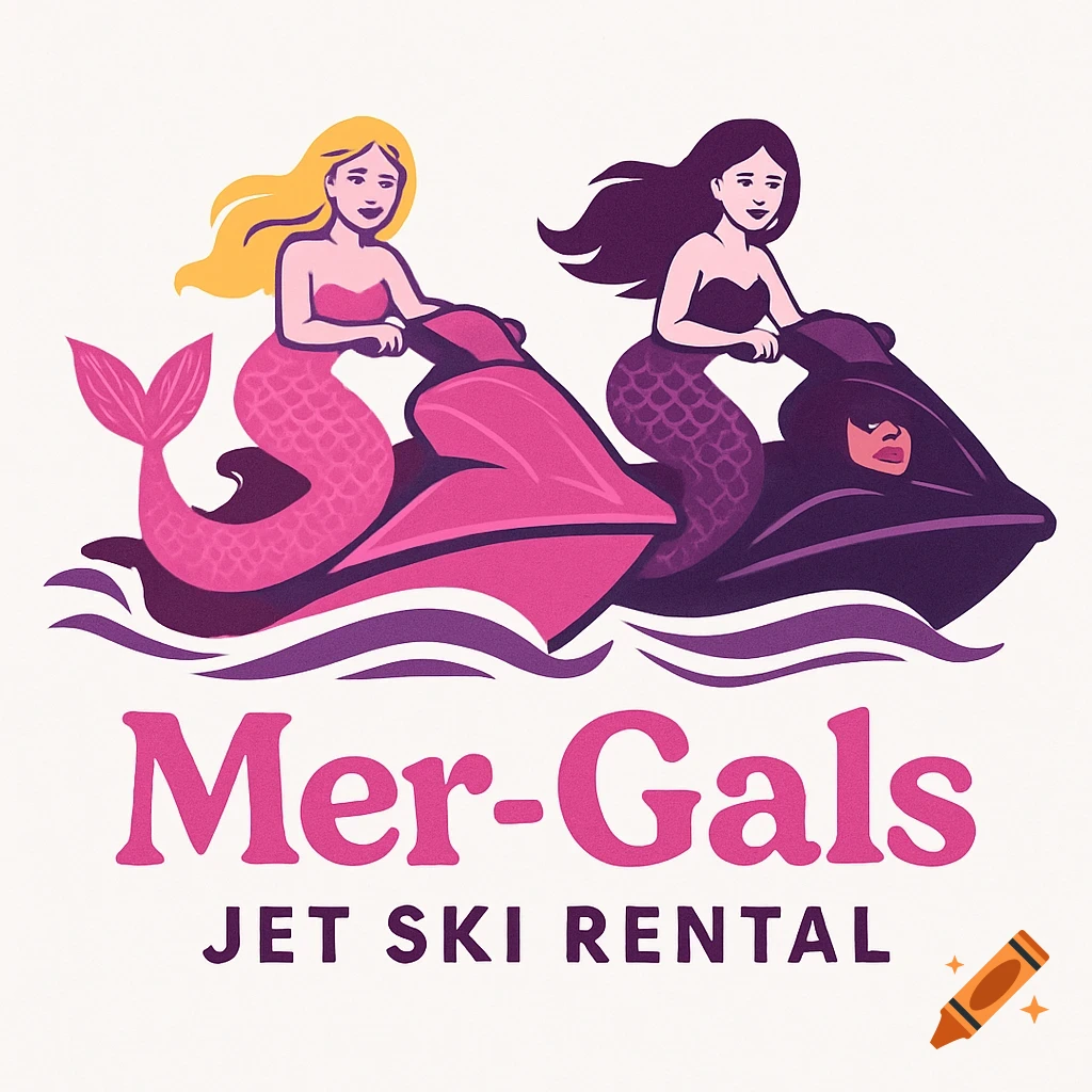 Logo illustration of two mermaids on jet skis, with the text "Mer-Gals JET SKI RENTAL" below.