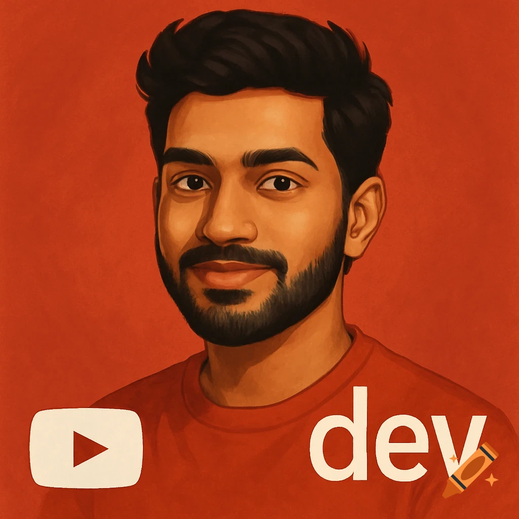 Digital art portrait of an Indian man in a red shirt with the YouTube logo and text "dev".