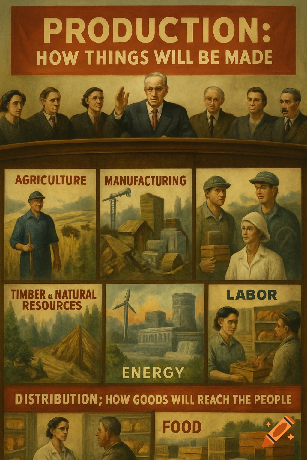 Poster illustration showing production and distribution panels: agriculture, manufacturing, resources, energy, labor, food.