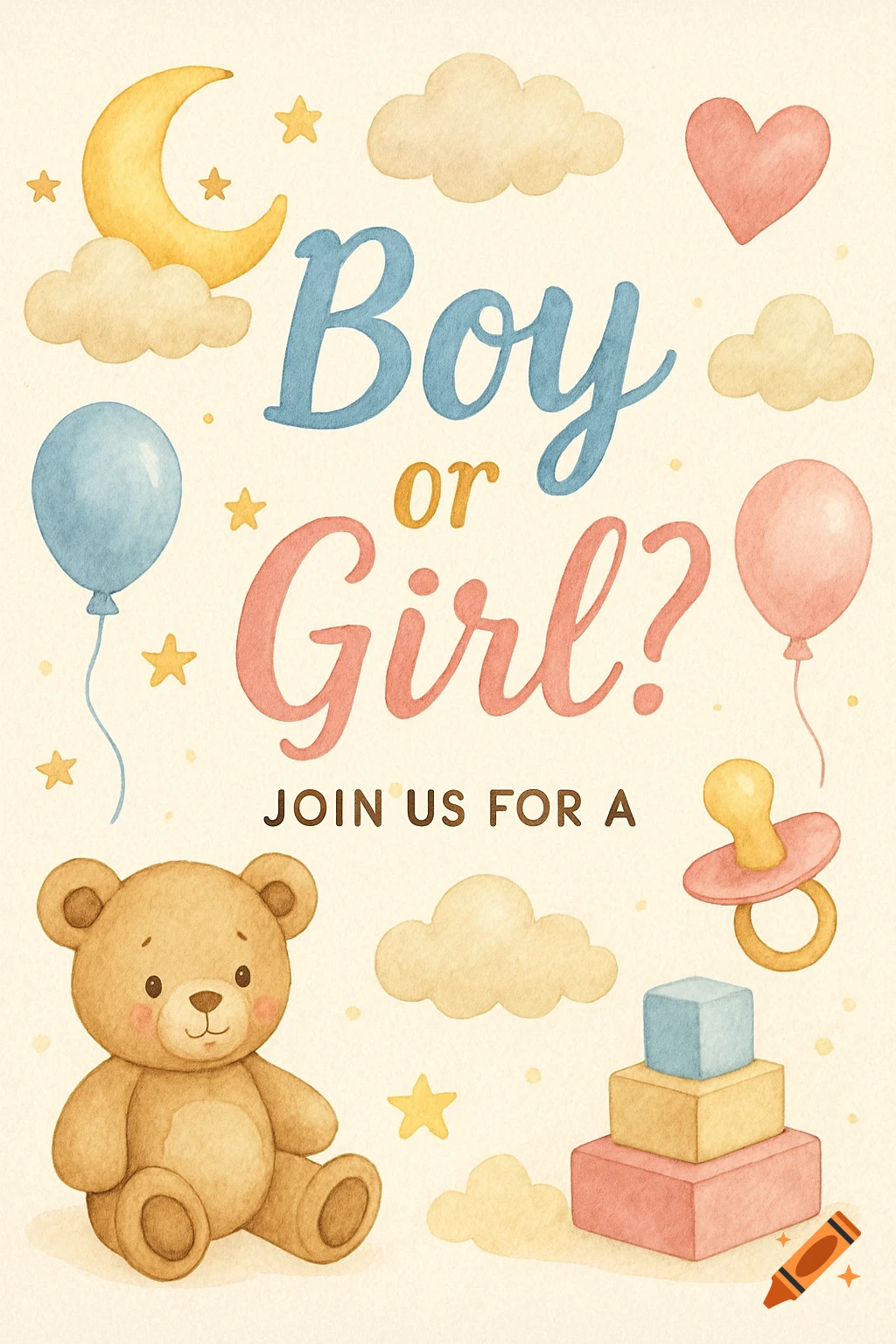 Watercolor illustration of a gender reveal invitation with text 'Boy or Girl?', teddy bear, balloons, and stars.