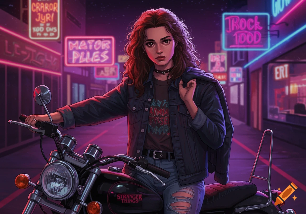 A girl with brown hair sits on a motorcycle in an 80s retro style city street with neon signs.