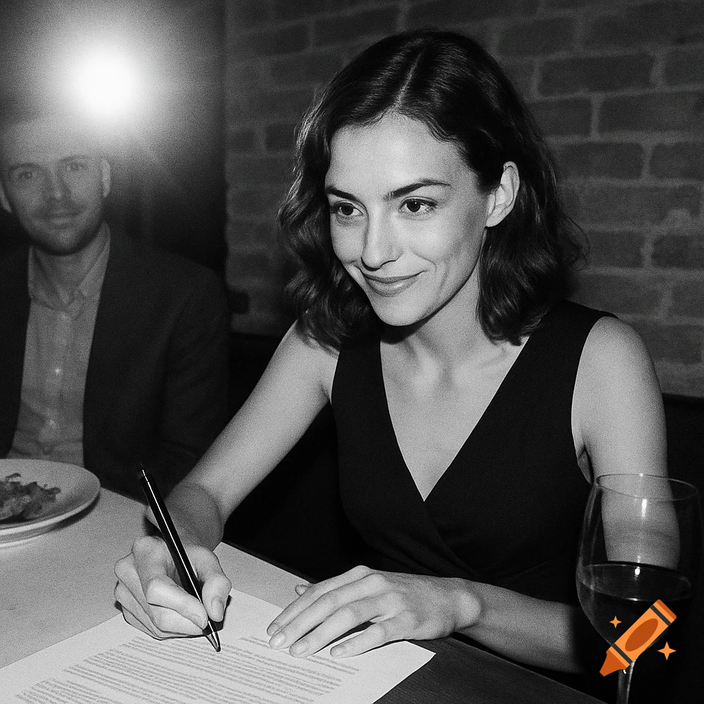 Black and white photo with flash of a woman signing a document at a table with a man.