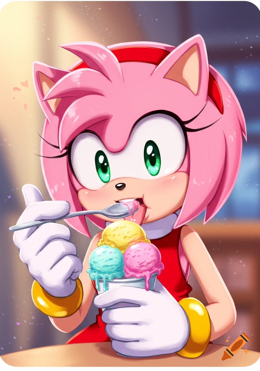 Amy Rose from Sonic eats ice cream with a spoon, anime style.