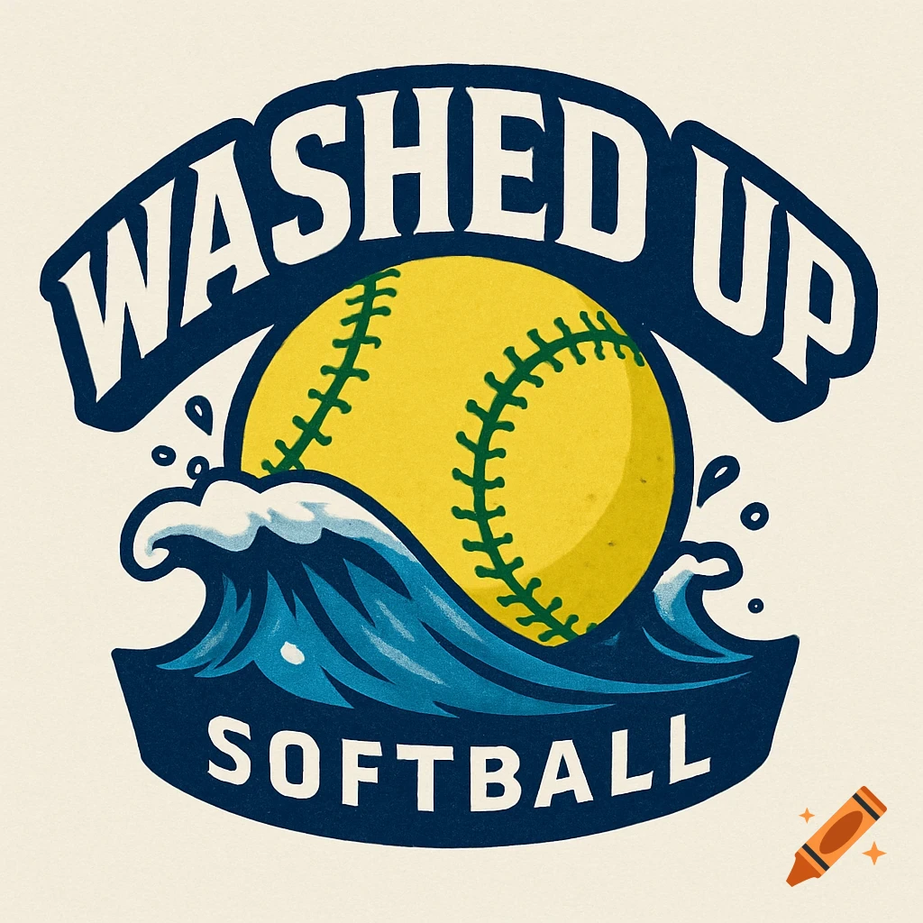 Logo for Washed Up Softball team featuring a softball and a wave.