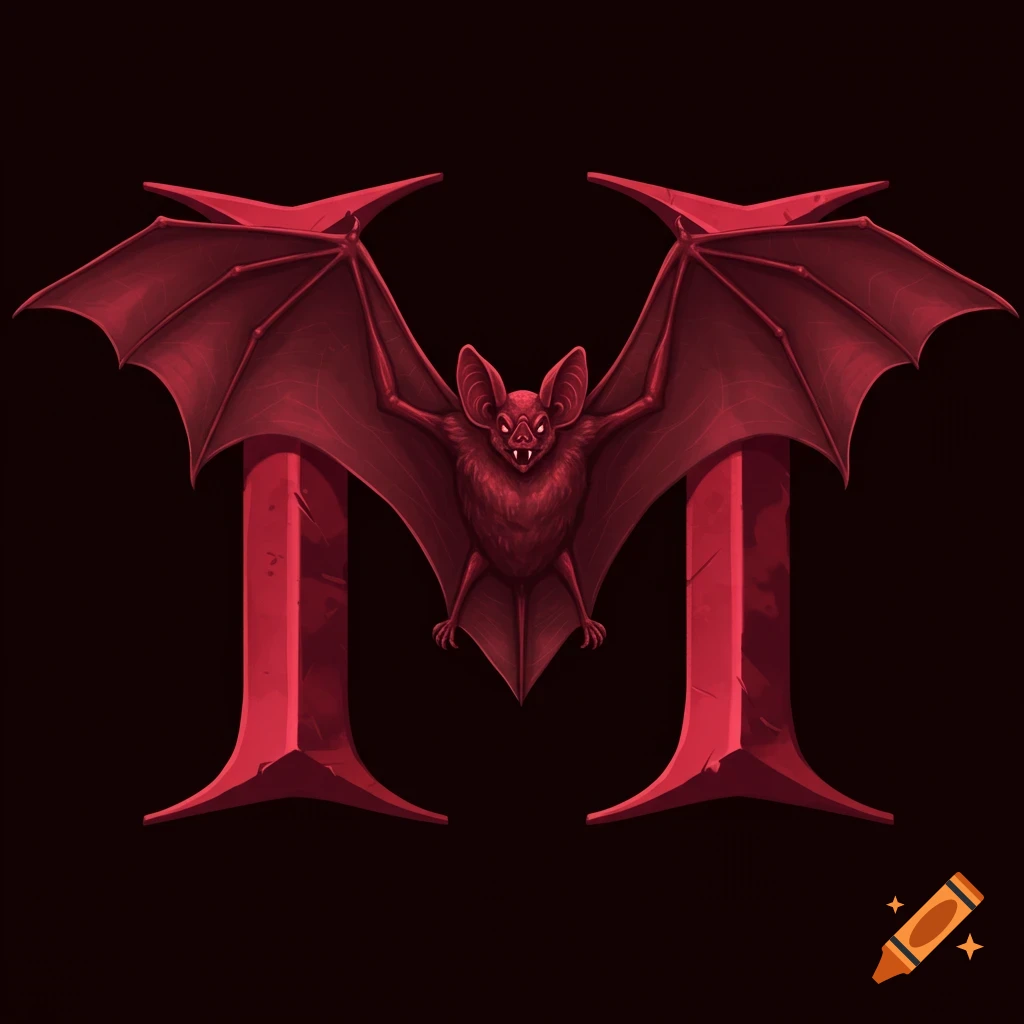 Red bat forming a stylized letter M on a dark background.