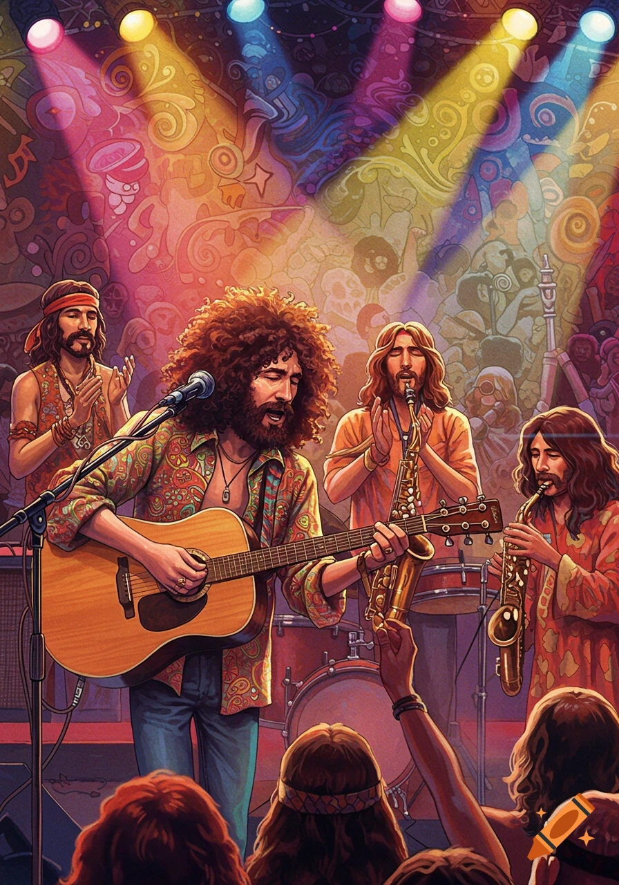 A hippie jam band performs on a stage with colorful lights.